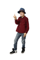 Teenage boy in blue hat,  red shirt, jeans and sneakers shows indecent gesture full height isolated...