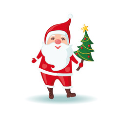 Cute Santa Claus holding a Christmas tree.