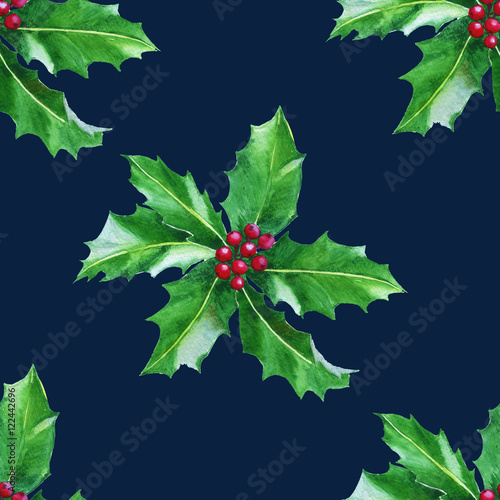 “Background with Holly leaves. Seamless pattern. Watercolor.” Stock