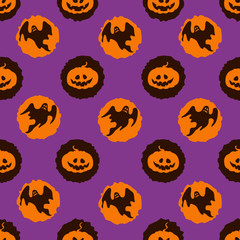 Vector circles Halloween background with pumpkins and ghosts. Seamless holiday pattern.