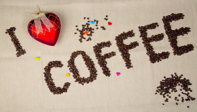 Fototapeta I Love coffee inscription with beans