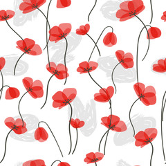 Seamless pattern with delicate red poppies. Vector floral background
