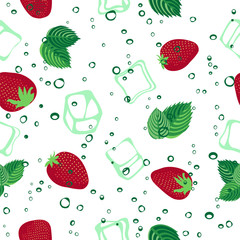 Strawberry mojito seamless vector pattern on white background.