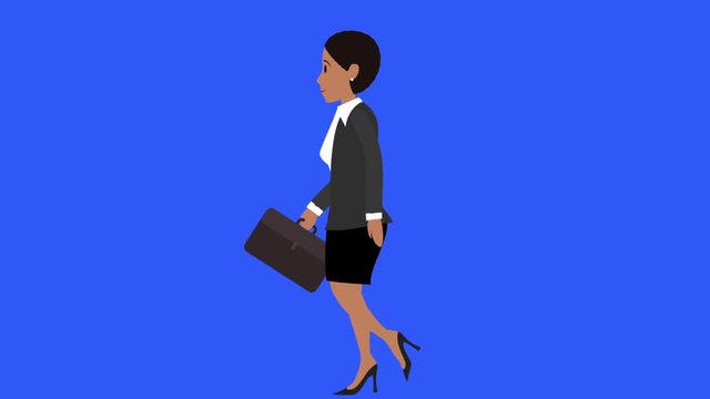 Business Woman Walk Cycle 2. Walk cycle of a young black business woman holding a briefcase against a blue background. It has a separate matte clip at the end.