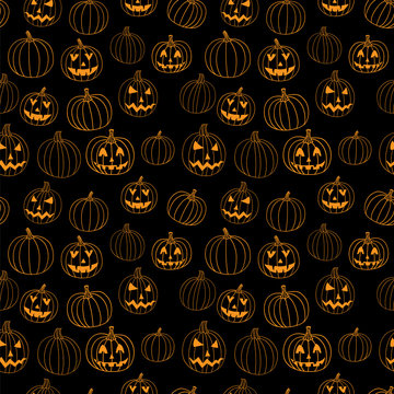 Black  halloween vector print seamless pattern with jack-o-lantern pumpkin.