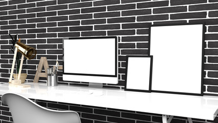 Creative Home Office, Modern Studio Or Contemporary Workspace Interior Mock up, Blank Desktop Computer Screen, Photo Frames, 3D Rendering, Black Bricks Background , Side View
