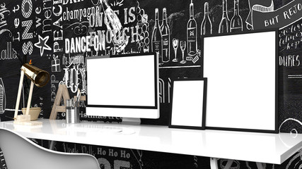 Creative Home Office, Modern Studio Or Contemporary Workspace Interior Mock up, Blank Desktop Computer Screen, Photo Frames, 3D Rendering, Chalkboard Background , Side View