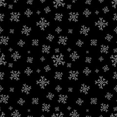 Snowflakes seamless vector pattern. Black christmas background with snow.