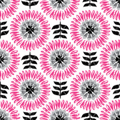 Modern Scandi Daisy Floral Seamless Repeat Wallpaper - Pink, Grey & Black - 122446465