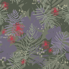 Fototapeta na wymiar Palm Leaf Tropica Camo - Hand Drawn Seamless Repeat Tile - Tonal Greens, Purple & Pop Pink