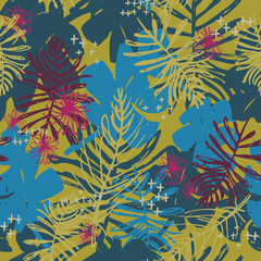 Palm Leaf Tropica Camo - Hand Drawn Seamless Repeat Tile - Green, Blue & Pink - 122446668