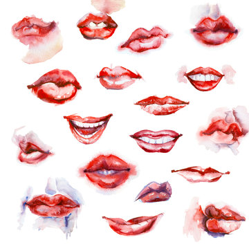 Watercolor painting sketches. Set of women`s lips on white background. 
