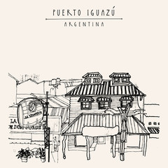 Fototapeta premium Puerto Iguazu, Argentina. Hand-drawn postcard in retro style