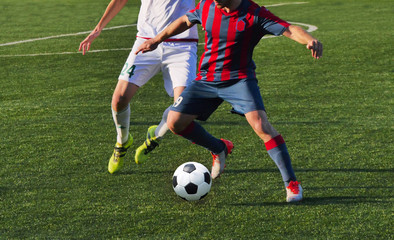 Obraz na płótnie Canvas playing football soccer game on sports field