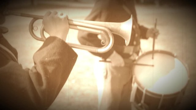 Civil War bugler playing with drummer (Archive Footage Version)