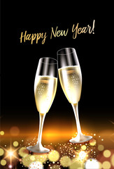 Two glasses of champagne against bokeh lights background. Christmas and New Year celebation card. Vector Illustration