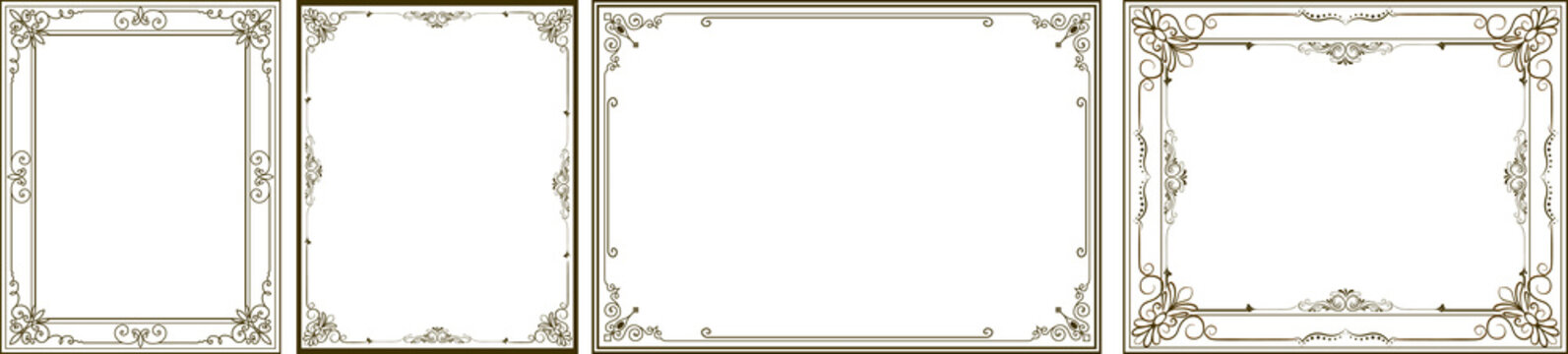 Vector set of gold decorative horizontal floral elements, corners, borders, frame