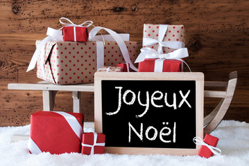 Sleigh With Gifts On Snow, Joyeux Noel Means Merry Christmas