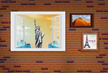 Opened wooden window and view on statue of liberty © artnovielysa