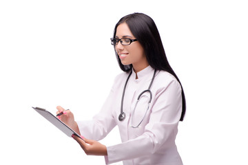 Young female doctor in medical concept isolated on white