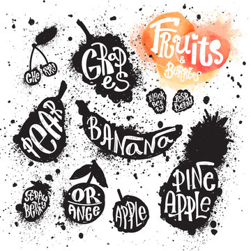 Spray paint set of ink splatter fruits and berries silhouette illustrations  with handwritten lettering on each fruit  with its name