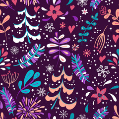 Winter flowers and snowflakes seamless pattern