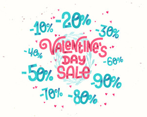 Valentine's day sale, discount percentages in cute girly cartoon style numbers for sales promotions and discounts