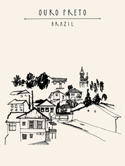 Houses and churches on the hills of Ouro Preto gorgeous town, Minas Gerais state, Brazil, South America. Vintage hand drawn postcard, book illustration or poster template