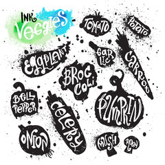 Spray paint collection of ink splatter vegetables silhouette illustrations  with handwritten lettering on each vegetable with its name