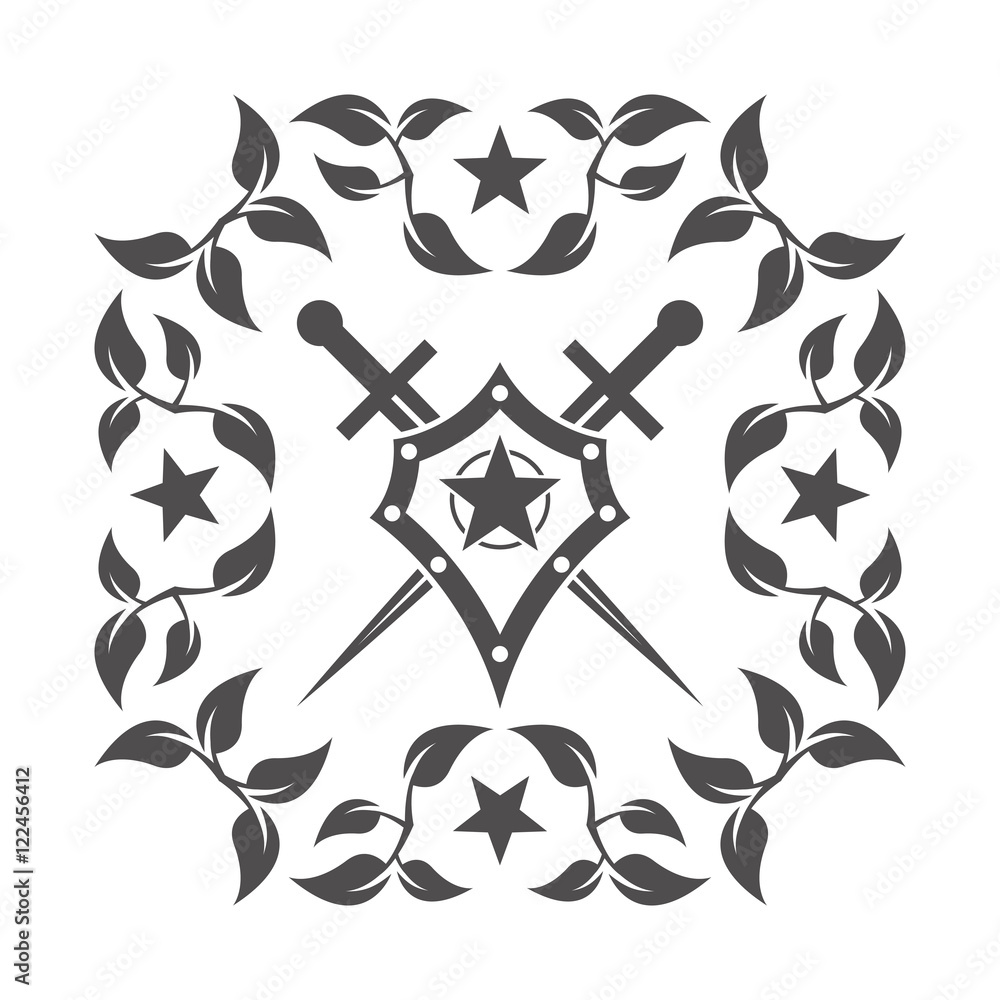 Poster abstract vector icon - shield and sword.black shield and sword on a white background.