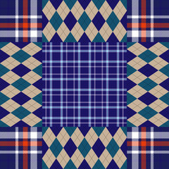 Seamless vector patchwork pattern. Quilt blocks of argyle & plaid check in blue, red, green, beige & white. Checkered textile collage print.