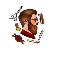 Vector man's face in profile in hipster style. Men's haircut. Accessories for men haircut. Men's hair salon. Hipster, comb, razor, scissors, flower.Logo for the men's barber shop