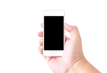 Man's hand holding the smartphone in white color and touch screen is blank black. Isolated on white background