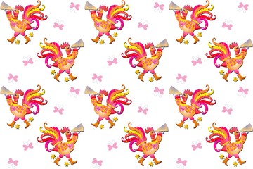 Seamless pattern with cute cartoon yellow and pink cockerels and butterflies. Year of the rooster. Beautiful vector background. Chinese symbol of 2017. Print for fabric.