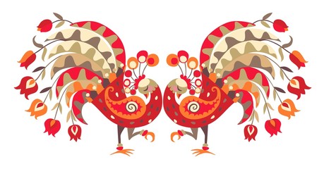 Obraz premium Two bright peacocks and tulips. Beautiful ethnic vector border. Year of the rooster.