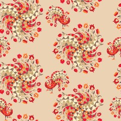 Seamless vector pattern with bright tulips and peacocks on beige background.