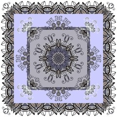 Beautiful bandaba print in grey and blue tones with flower mandalas. Vector illustration. . Decorative ornamental silk neck scarf design.