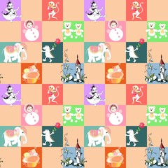 Patchwork for children. Vector animal seamless pattern with elephant, dragon, monkey, castle, crocodile, toys, and cake. Print for fabric.
