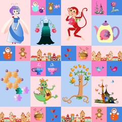 Patchwork for children. Vector fantasy background with a fairy, dragon, monkey, castle, teapot and cups, birds, butterflies, tree, town, toys, cake, dress and flowers. Print for fabric.