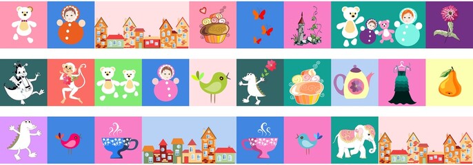 Set of beautiful vector border. Patchwork for children. Bright pattern with toys, cake, castle, monkey, crocodile, dragon, birds, teapot, cups, town, flowers, dress, butterflies and elephant.