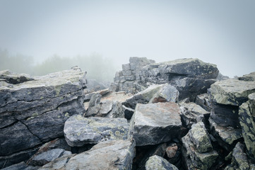 Large boulders in fog on Blackrock Summit, in Shenandoah Nationa