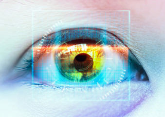 Close-up of colorful eye. futuristic scan. High Technologies