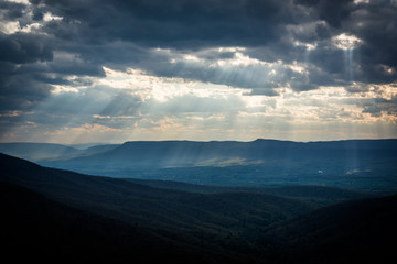 Sun rays over the Blue Ridge Mountains and Shenandoah Valley, fr