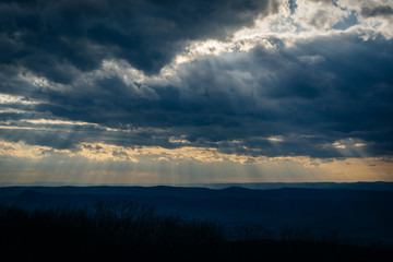 Sun rays over the Blue Ridge Mountains and Shenandoah Valley, fr