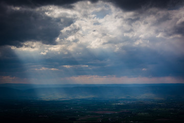 Sun rays over the Shenandoah Valley seen from Skyline Drive, in
