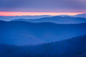 Fototapeta na wymiar Sunrise view of layers of the Blue Ridge from Blackrock Summit,