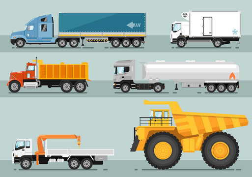 Different commercial trucks. Lorry, freezer, tipper, road tanker, mounted crane, mining trucks vector illustrations. Motor vehicles for freight transportation. For transport company ad, infographics