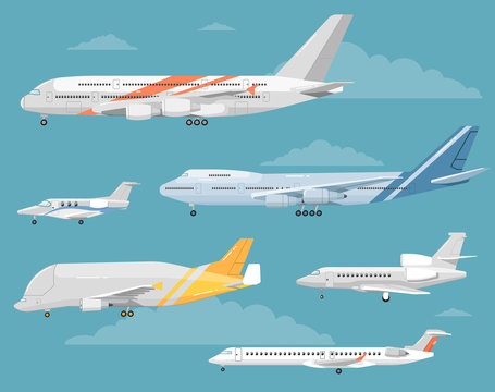 Modern types of aircraft. Airliners, personal jets, cargo plane vector illustrations on blue background with clouds. Collection of reactive passenger and airfreighter planes. For airline ad design