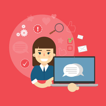 Smiling cartoon girl holding laptop with speech bubbles on screen. Social media banner on red background with communication icons, vector illustration. Connecting people, social networking.