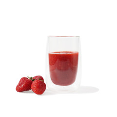 Strawberry smoothie beverage in glass with red berries isolated on square white background with shadow
